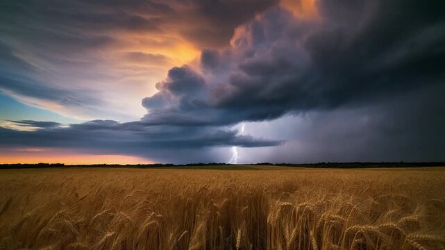 Dramatic Storm Clouds with Lightning Strike Over Golden Wheat Field at Sunset