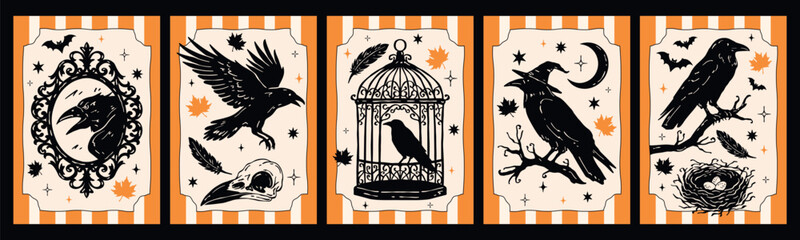 Fototapeta premium Vintage Halloween vector greeting card set featuring ravens, bird skull, feathers, cage, nest, branches, stars, bats and autumn leaves in monochrome silhouette style with orange accents