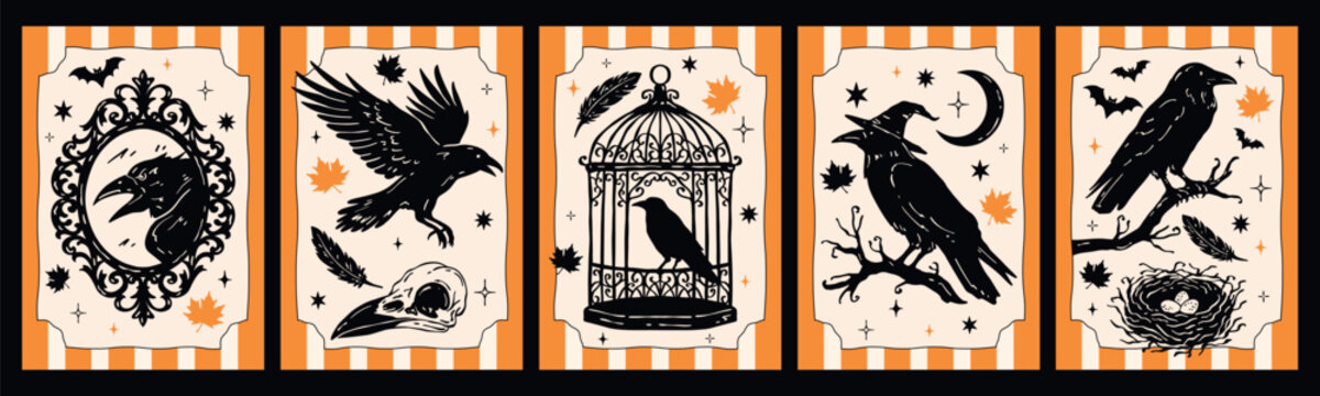 Vintage Halloween vector greeting card set featuring ravens, bird skull, feathers, cage, nest, branches, stars, bats and autumn leaves in monochrome silhouette style with orange accents