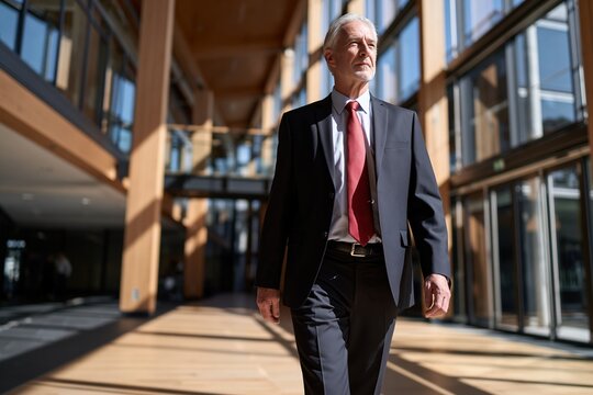 School principal walking confidently in modern sunlit atrium