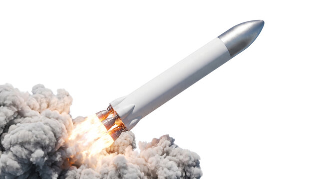 Rocket launch mockup with fire blast and smoke cloud isolated on white background space exploration startup concept