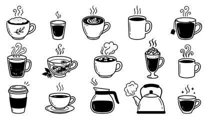 Fototapeta premium Cozy Coffee Shop Hot Drinks Hand Drawn Doodle Vector Collection