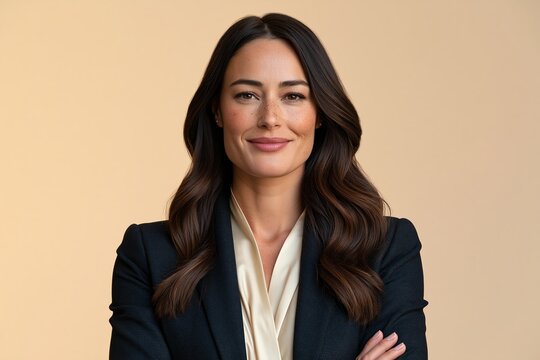 Confident education leader in charcoal jacket and cream blouse smiling arms crossed