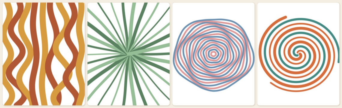 Set of four artistic patterns featuring wavy lines bursting rays geometric concentric circles and colorful spirals to use for decorative wall art prints textile fabric designs and creative paper