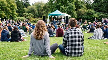 Fototapeta premium People socializing at music festival during an outdoor summer concert in a green park