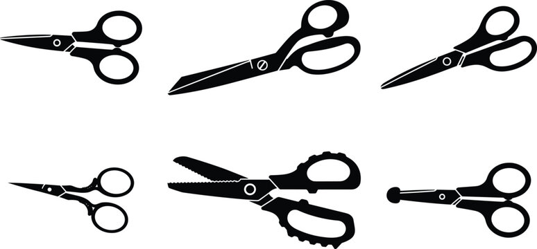 Vector illustration set of different scissors silhouettes including standard cutting, fabric shears, crafting tools, serrated blades, and small precision scissors for versatile design applicationsv