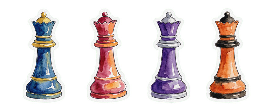 Watercolor vector illustration of colorful chess queen pieces in various vibrant hues for game design