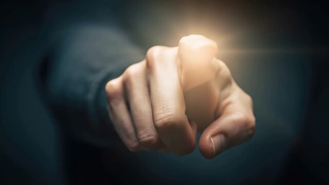 A hand pointing forward with a glowing finger in a close-up shot, conveying a sense of purpose, direction, and determination. ..Created with Generative AI, not depicting real subjects.