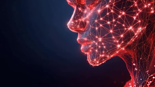 Abstract glowing red digital face mesh with interconnected nodes, symbolizing artificial intelligence and advanced technology. ..Created with Generative AI, not depicting real subjects.