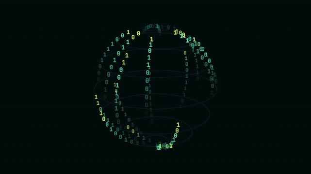 Abstract digital binary code sphere rotating with glowing green and yellow data columns on black background.