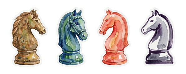 Four watercolor chess knight pieces in different colors, representing strategy, competition, and game tactics © Septi.First