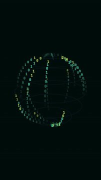 Digital binary code rain forming a rotating orbital sphere on a dark background.
