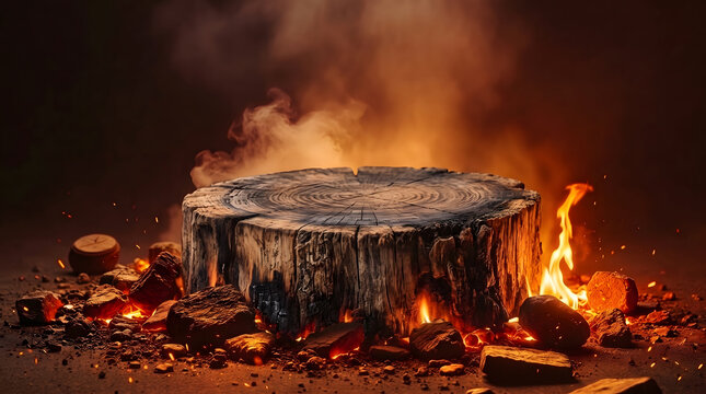 Burning wood stump pedestal food, product display platform with glowing fire embers and spark
