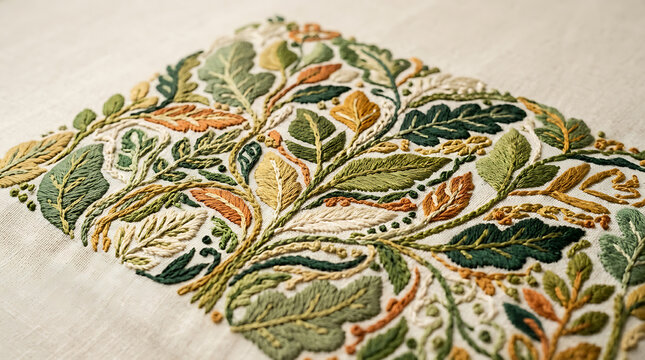 Intricate botanical embroidery with green and orange leaves on off-white linen fabric