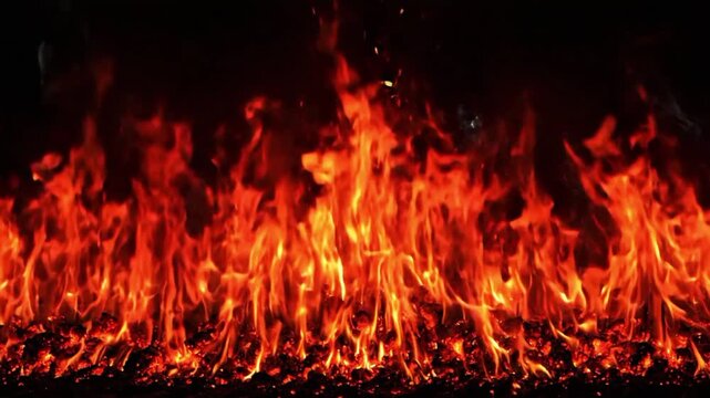Red flames dance and flicker on a dark background