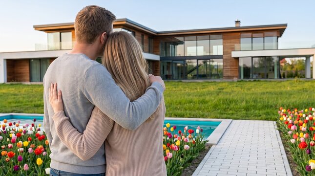 Happy couple embracing while standing rear view before their large modern house, celebrating homeownership, dream property purchase