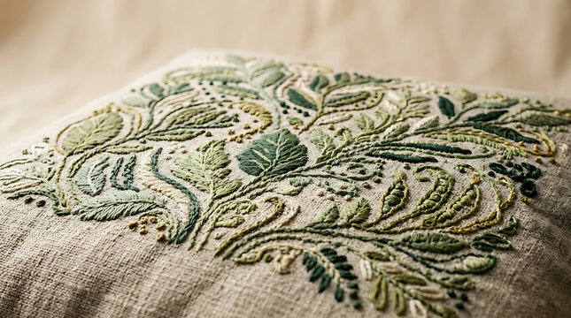 Intricate green leaf and floral embroidery on a textured linen pillow cushion