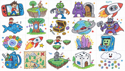 Fototapeta premium Children Fantasy Gaming Concept Icons and Doodles Collection with Monsters and Rockets