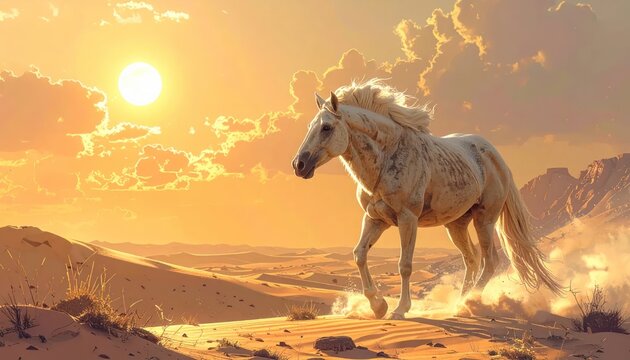 Majestic White Horse Galloping Through a Golden Desert at Sunset, Stirring Up Dust