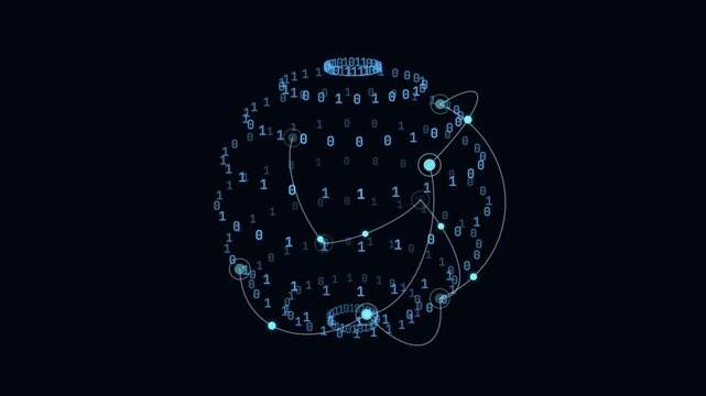 Abstract digital data network globe with binary digits and orbital connection nodes on dark background.