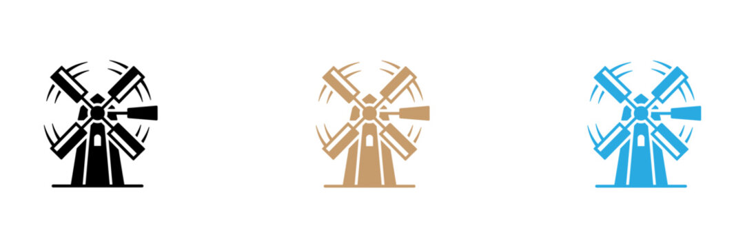 Three stylized windmill icons in different colors