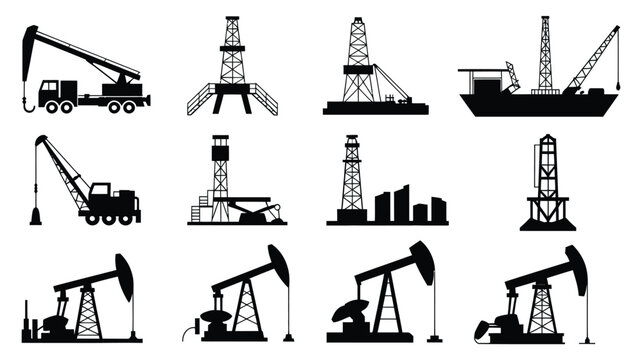 Oil industry and drilling equipment silhouettes set featuring oil pumpjacks derrick towers mobile cranes and offshore rig vessel vector illustration