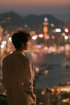 Thoughtful Young Man Contemplating Future Success Amidst Bright Urban Environment
