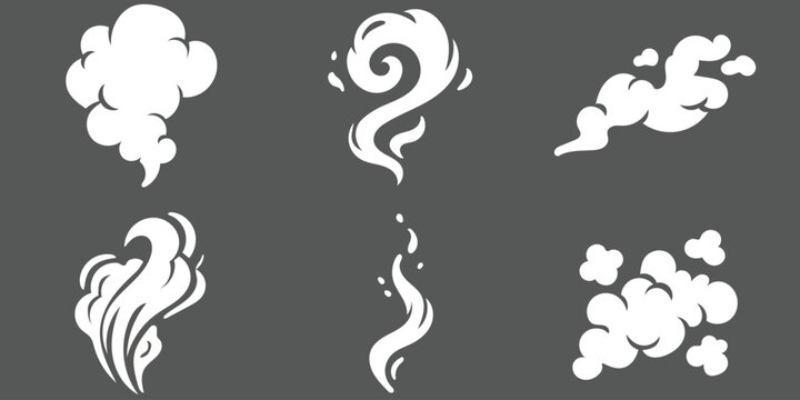 Collection of six white smoke and vapor effect shapes featuring fluffy clouds, curling wisps, swirling plumes, and flowing fume forms on a dark gray background.