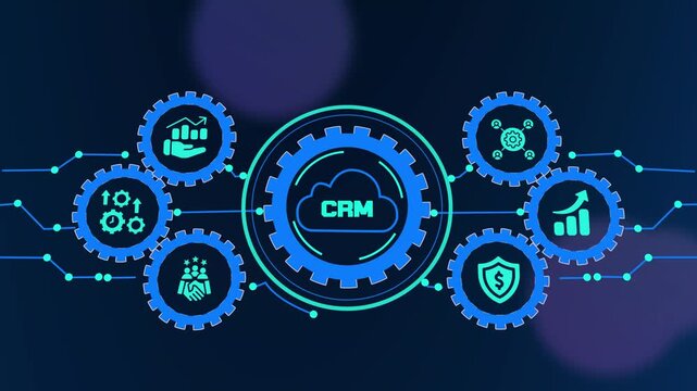 CRM customer relationship management technology with sales analytics, teamwork, service and business growth.