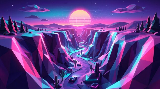 A 3D low poly geometric desert canyon landscape illuminated by a vibrant synthwave sunset.