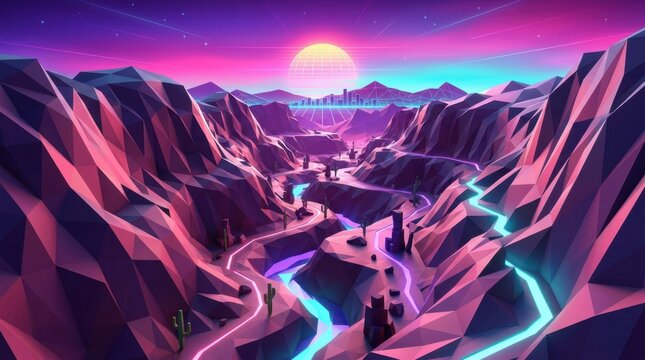 A 3D low poly geometric desert canyon landscape illuminated by a vibrant synthwave sunset.