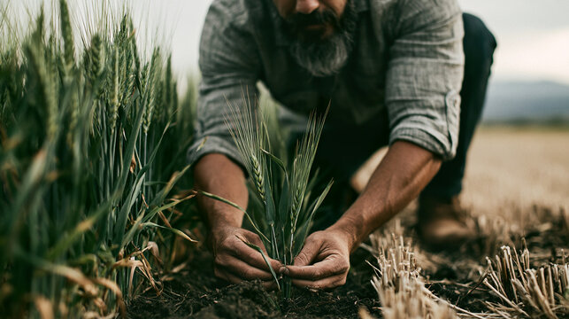 A farmer works among cereal crops in a field, manual labor, agricultural production and an ecological farming approach