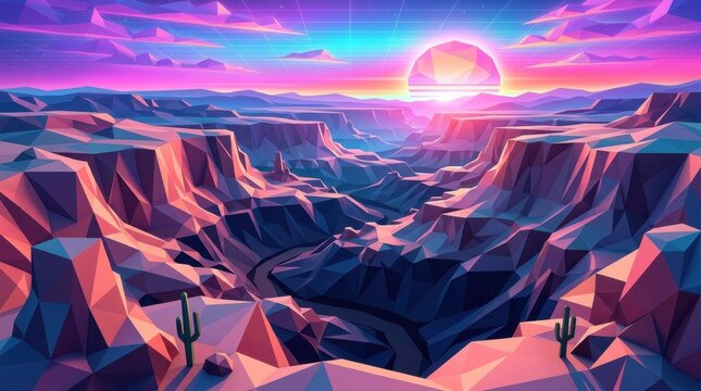 A 3D low poly geometric desert canyon landscape illuminated by a vibrant synthwave sunset.