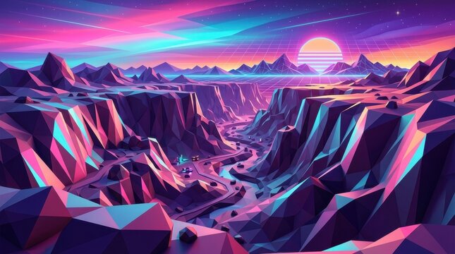A 3D low poly geometric desert canyon landscape illuminated by a vibrant synthwave sunset.