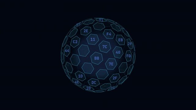 Orbital geodesic assembly of a data sphere with hexagon plates and hex code network animation.