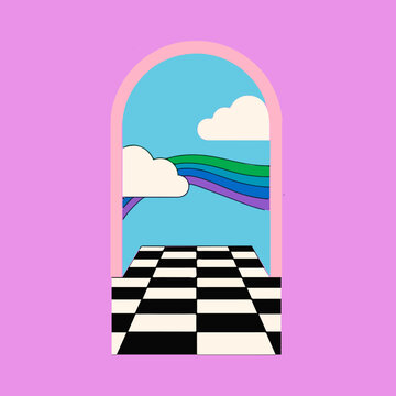 arched rainbow window with clouds and colorful flowing lines flat 