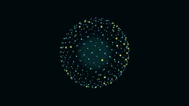 Abstract digital data visualization featuring colorful particles converging into a rotating orbital sphere formation.