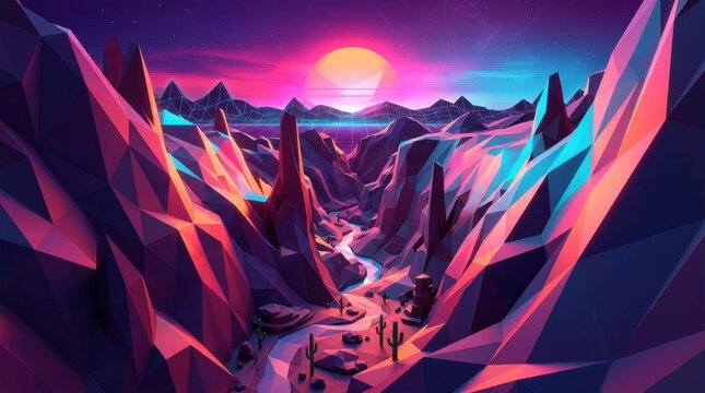 A 3D low poly geometric desert canyon landscape illuminated by a vibrant synthwave sunset.