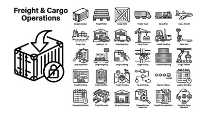 Obraz premium Freight & Cargo Operations Icons: A comprehensive set of line icons illustrating various aspects of freight and cargo operations, including shipping, logistics, and warehousing.