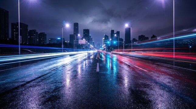 Long exposure night city street with wet asphalt reflecting colorful car light trails and urban skyscrapers under a cloudy sky