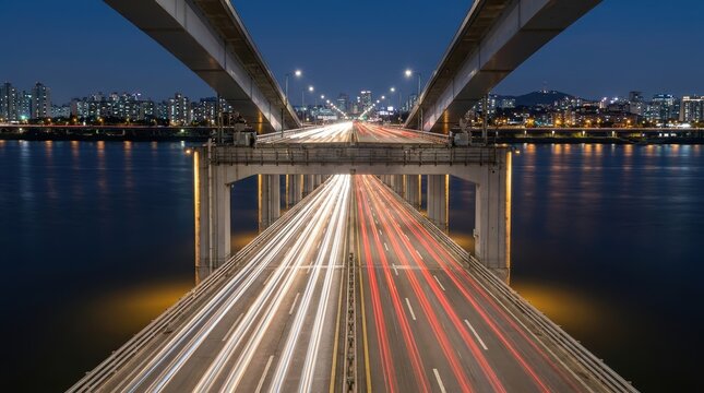 Long exposure night traffic light trails on the banpo bridge over the han river in seoul, south korea