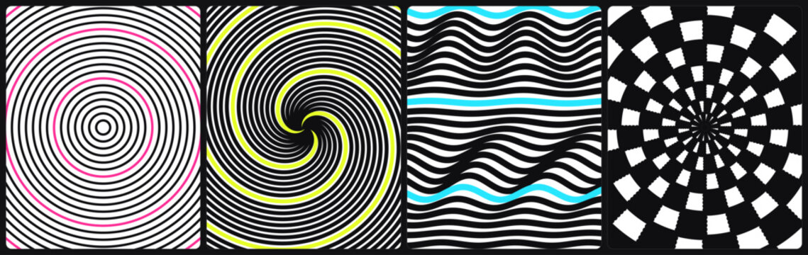 Abstract Geometric Patterns Featuring Optical Illusions With Swirling Spirals And Rippling Wavy Lines In Multiple Vivid Colors Created To Engage Human Perception Through Complex Rhythmic Visual