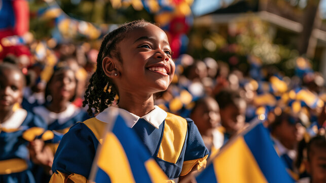Joyful Young Girl Celebrating Barbados Independence Day With A Bright Smile During A Colorful National Parade In The Sunny Caribbean Afternoon