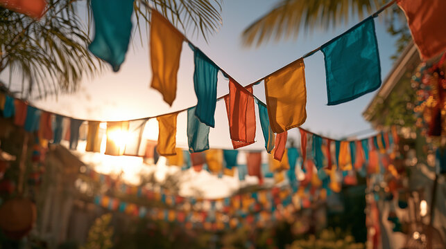 Vibrant Festive Bunting Decorations Celebrating Barbados Independence Day Under a Golden Tropical Sunset Sky in a Lush Caribbean Garden Setting
