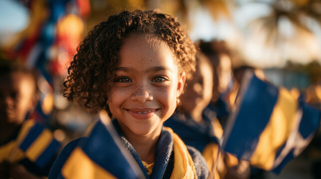 A cheerful young girl celebrating with a flag during Barbados Independence Day festivities, capturing the pride and joy of the national holiday celebration