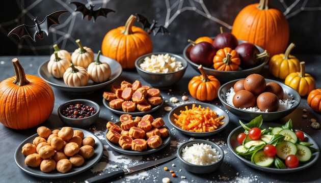 Halloween party table with pumpkins candy cookies and snacks  