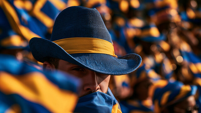 A person wearing a traditional hat celebrates during the vibrant and colorful public festivities held for Barbados Independence Day in the Caribbean
