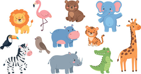 Obraz premium Cute Wild Animal Vector Set With Lion Flamingo Bear Elephant Zebra Toucan Hippo Tiger Giraffe Rhino Crocodile And Bird Cartoon Collection