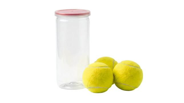 Tennis balls and empty container isolated on transparent background