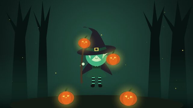 Cute cartoon witch floating in a dark spooky forest with glowing jack-o'-lantern pumpkins on Halloween night, 2D animation loop
